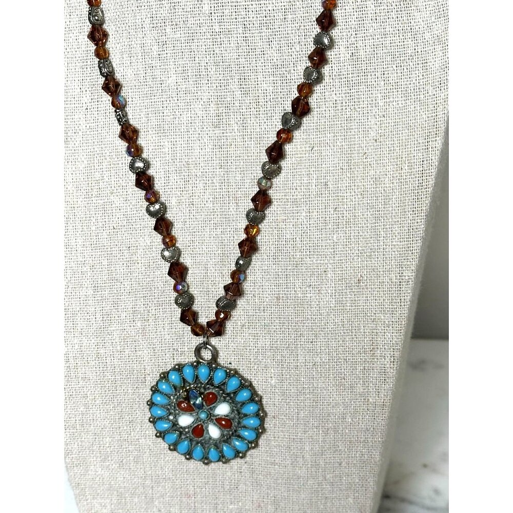 Boho Beaded Necklace Turquoise Style Pendant Southwestern Statement 18” - Picture 2 of 7